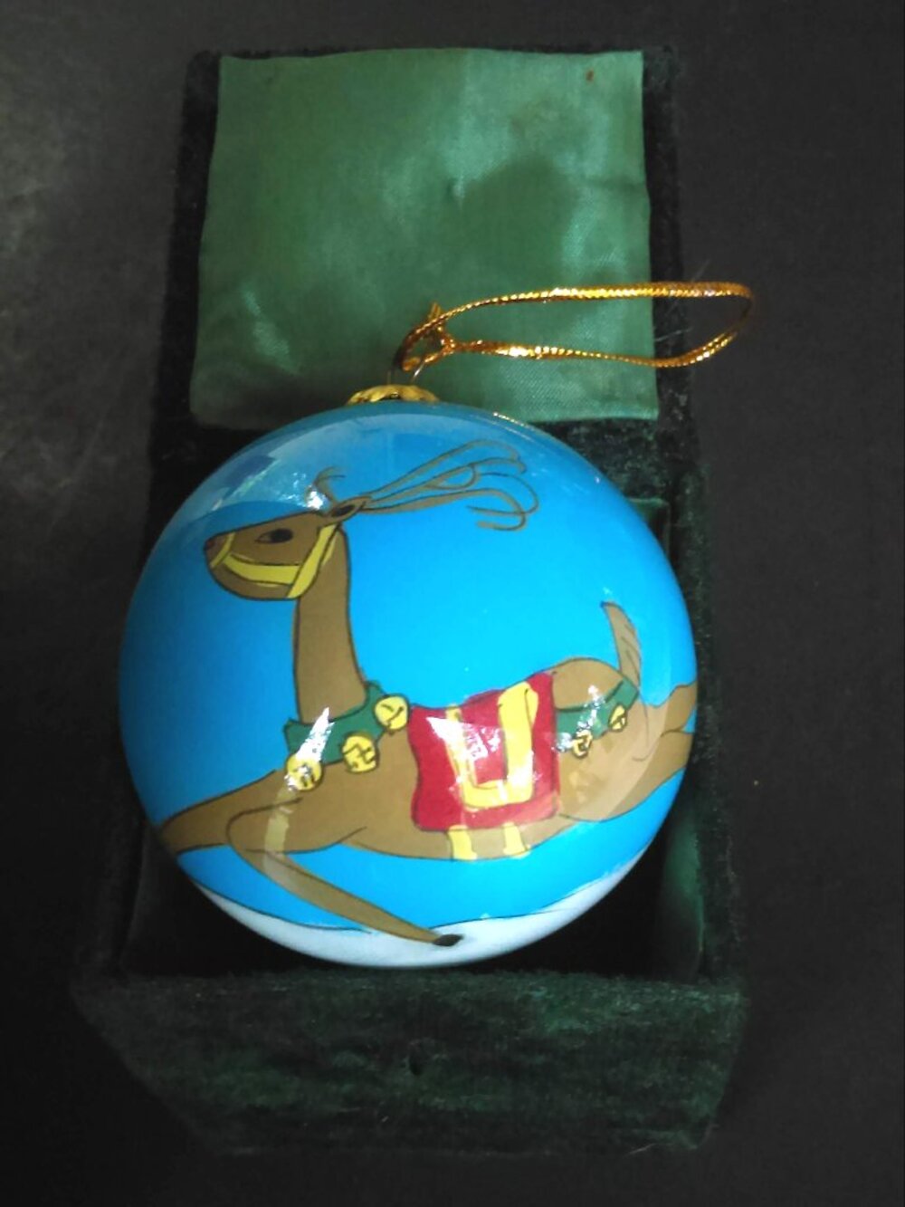 Inside-Painted Glass Ornament with Reindeer Design In Velvet Box for Safekeeping